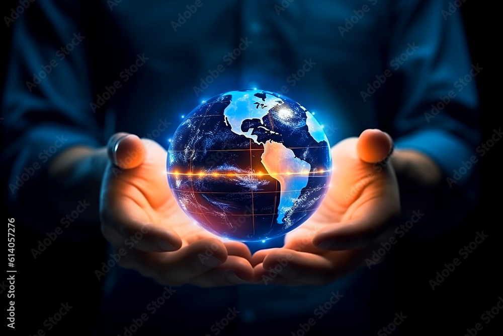 Man hand holding virtual Global Internet connection metaverse. Generative AI Man hand holding virtual Global Internet connection metaverse. Generative AI