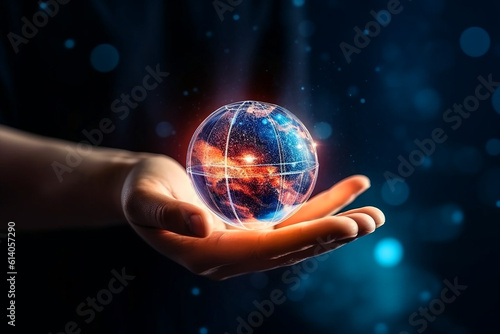 Man hand holding virtual Global Internet connection metaverse. Generative AI 