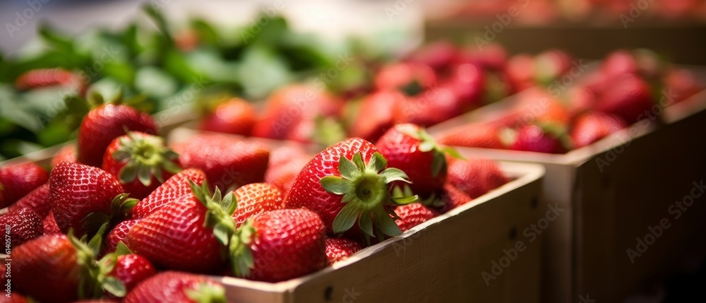 Baskets of ripe strawberries at the farmers market. Bright colors and lots of delicious strawberries. Generative AI Baskets of ripe strawberries at the farmers market. Bright colors and lots of delicious strawberries. Generative AI