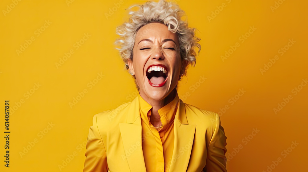 © PaulShlykov - Emotional Photo of attractive charming lady friendly smile good mood wear blue office shirt isolated yellow color background © PaulShlykov - Emotional Photo of attractive charming lady friendly smile good mood wear blue office shirt isolated yellow color background