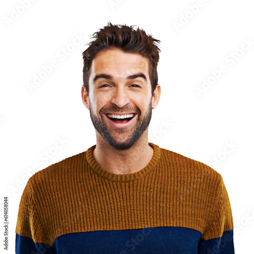 Fotografie Man, laughing and portrait with funny joke isolated on a transparent, png background