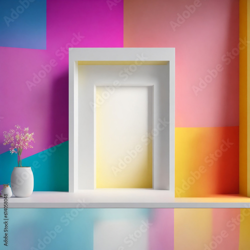 An empty display on a colorful wall with no decorations.