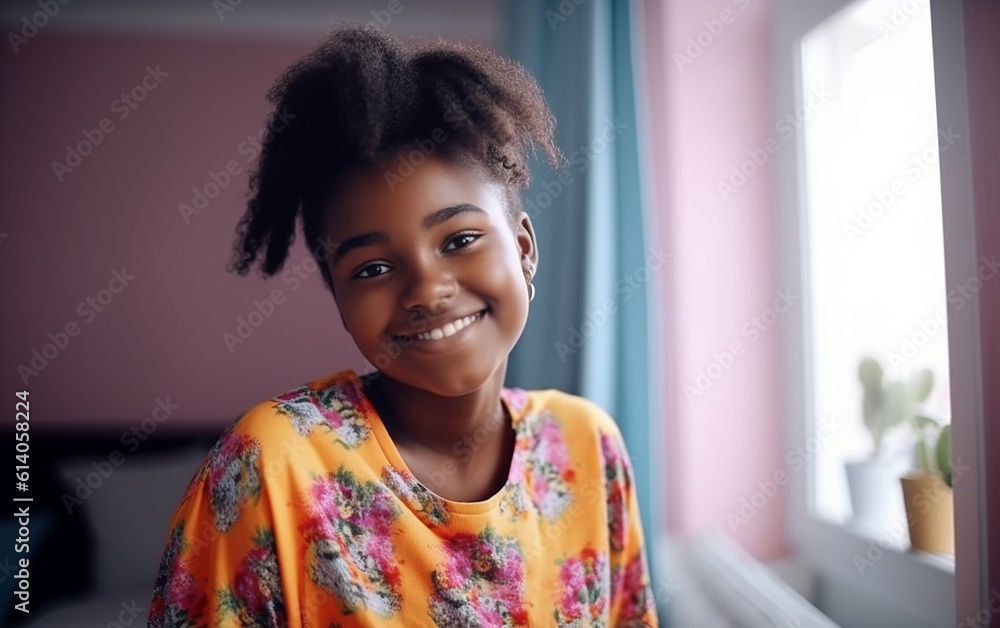 Black dark-skinned african american teenage girl in colorful bright clothes smiling portrait. Generative AI Black dark-skinned african american teenage girl in colorful bright clothes smiling portrait. Generative AI