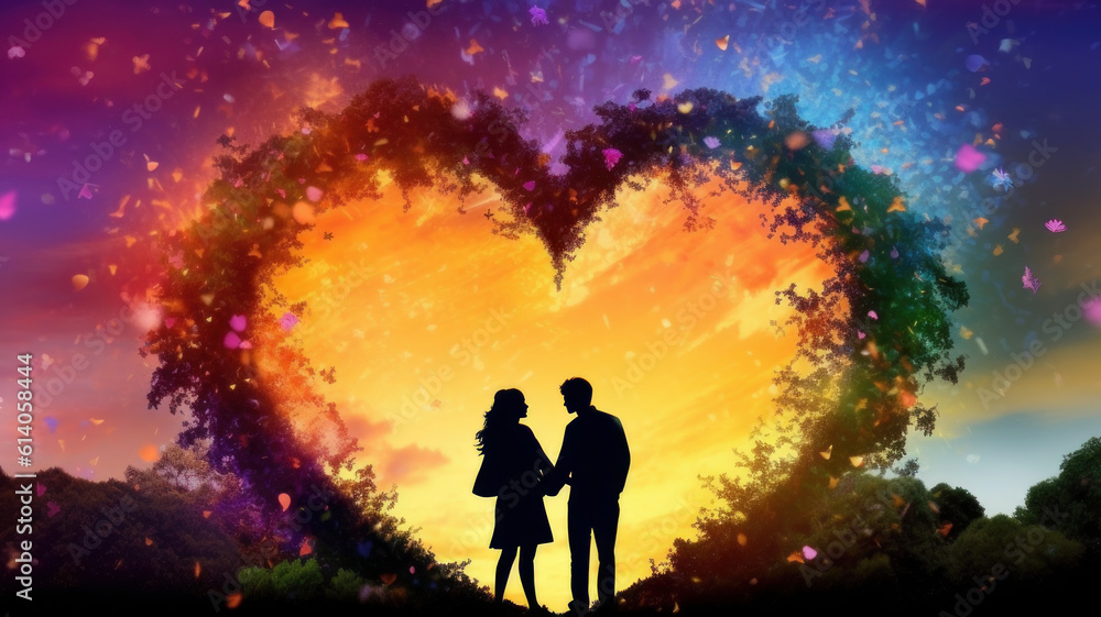 silhouette of a couple in a heart silhouette of a couple in a heart