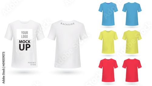 T-Shirt mock up set template. Blue, Yellow and White version, frontside and backside design.