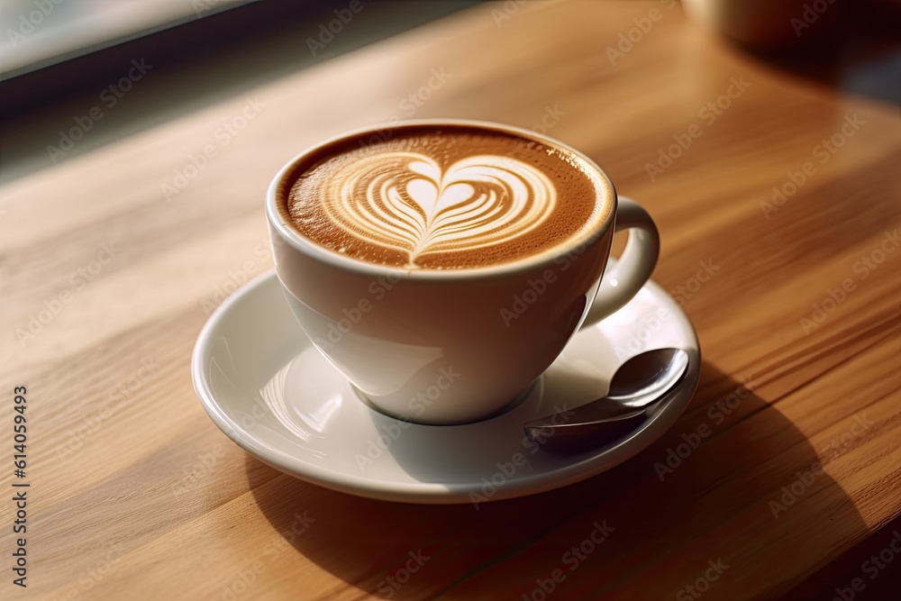 Coffee cup with heart shape latte art on wood tab. Generative ai Coffee cup with heart shape latte art on wood tab. Generative ai