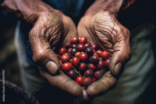Arabica coffee berries wrapped in the hands of a farmer at a coffee plantation. Generative ai
