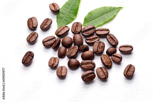  Shiny fresh roasted coffee beans with leaves isolated on white background. Generative ai