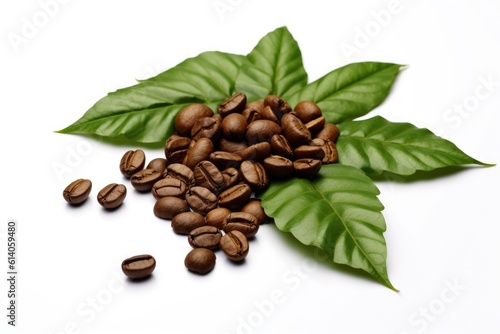  Shiny fresh roasted coffee beans with leaves isolated on white background. Generative ai