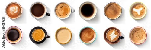 Top view, Set of paper take away cups of different black coffee isolated on white background. Generative ai