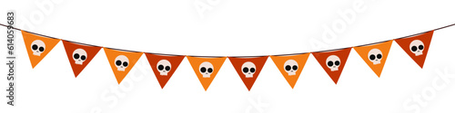 Flag with pumpkins, monsters, vampire bats, skulls and ghosts motif for Halloween decoration on transparent background