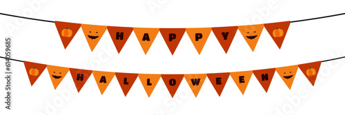 Flag with pumpkins, monsters, vampire bats, skulls and ghosts motif for Halloween decoration on transparent background