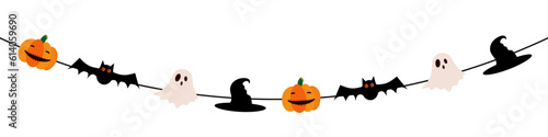 Flag with pumpkins, monsters, vampire bats, skulls and ghosts motif for Halloween decoration on transparent background