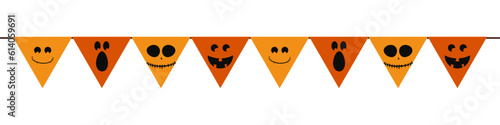 Flag with pumpkins, monsters, vampire bats, skulls and ghosts motif for Halloween decoration on transparent background