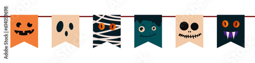 Flag with pumpkins, monsters, vampire bats, skulls and ghosts motif for Halloween decoration on transparent background