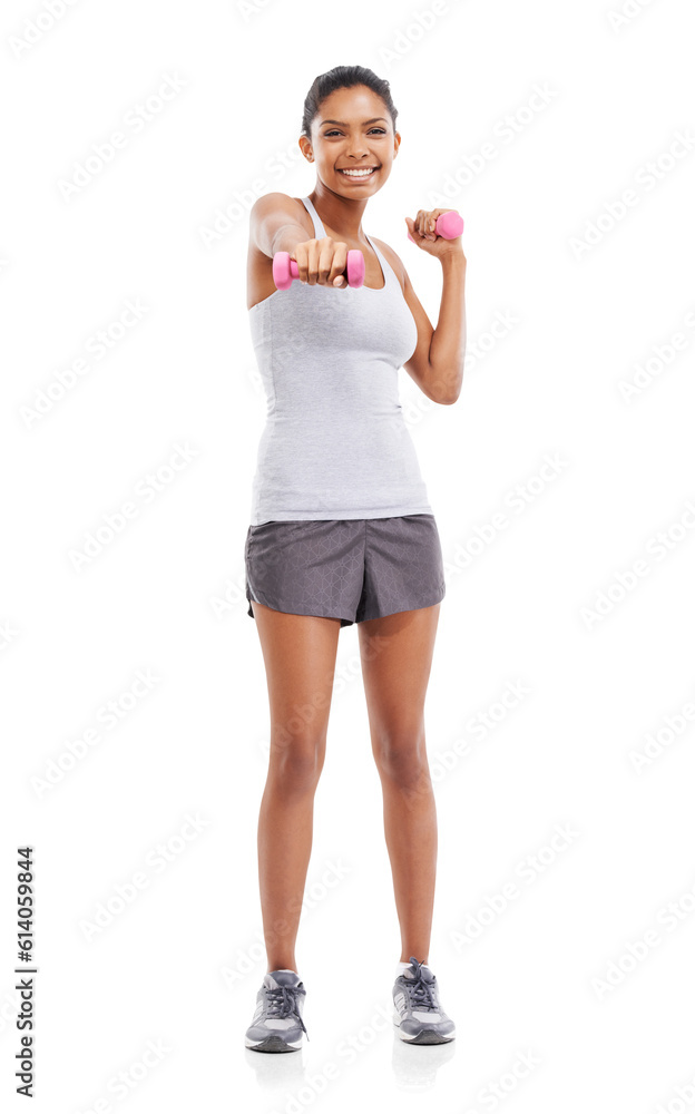 Isolated woman, dumbbells and punch in portrait for fitness, self care and training by transparent png background. Girl, model and bodybuilder with weightlifting, exercise and smile for muscle growth Isolated woman, dumbbells and punch in portrait for fitness, self care and training by transparent png background. Girl, model and bodybuilder with weightlifting, exercise and smile for muscle growth