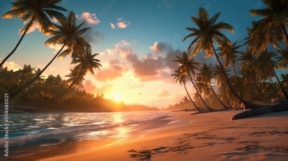 A beautiful beach with coconuts trees at sunset. Generative AI.