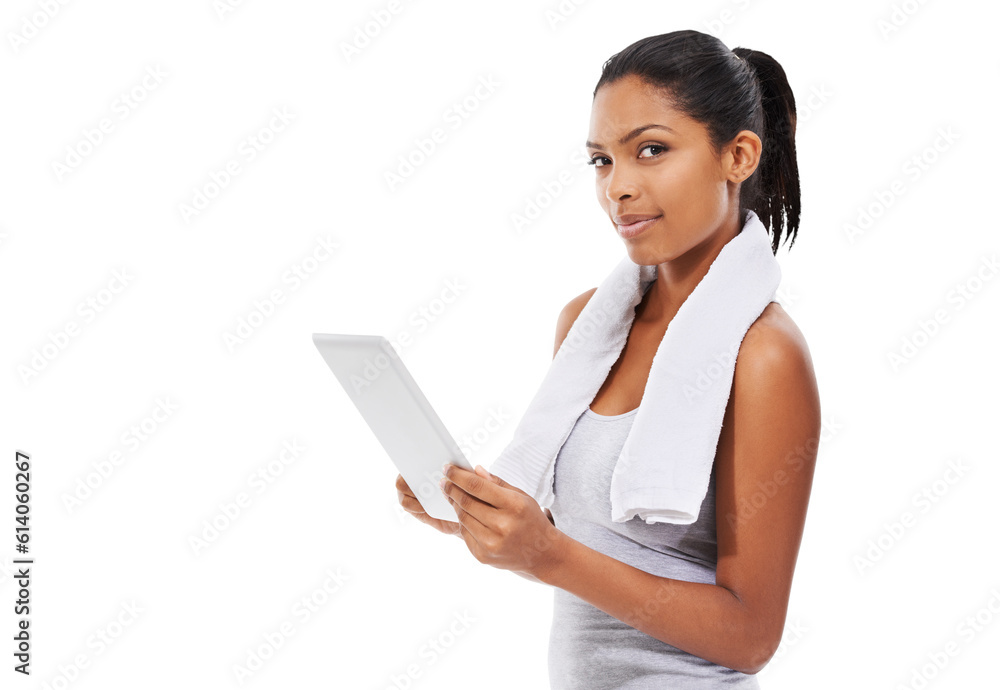 Happy, tablet and fitness portrait of woman research exercise progress, gym workout results or training routine. Typing, review or person check exercising data isolated on transparent, png background Happy, tablet and fitness portrait of woman research exercise progress, gym workout results or training routine. Typing, review or person check exercising data isolated on transparent, png background