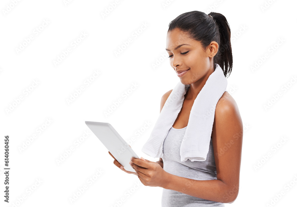 Isolated woman, tablet and workout with fitness video, focus or reading article by transparent png background. Girl, model and personal trainer with touchscreen for wellness, advice and social media Isolated woman, tablet and workout with fitness video, focus or reading article by transparent png background. Girl, model and personal trainer with touchscreen for wellness, advice and social media