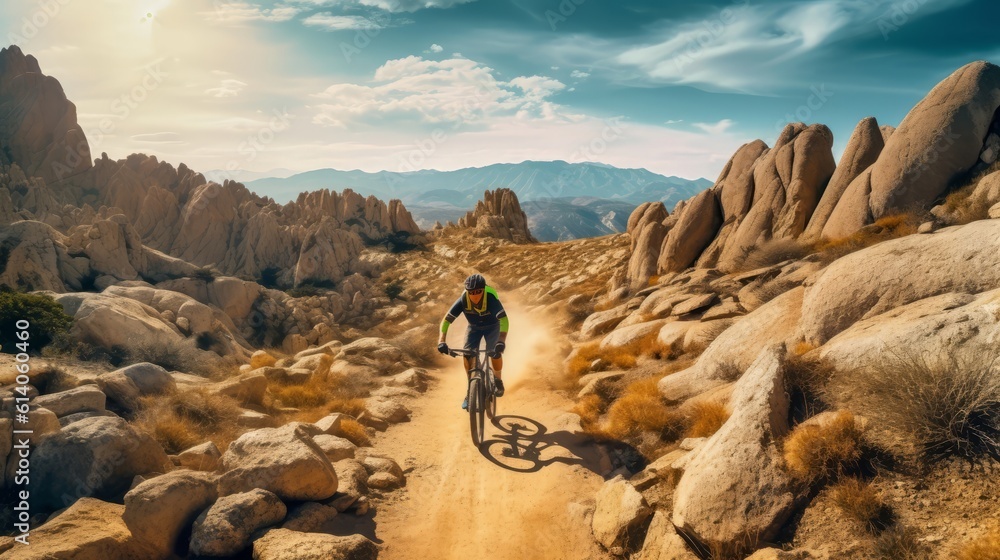 Fotografie A daring rider navigating a rugged rocky trail. Generative AI.