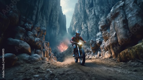 A daring rider navigating a rugged rocky trail. Generative AI.