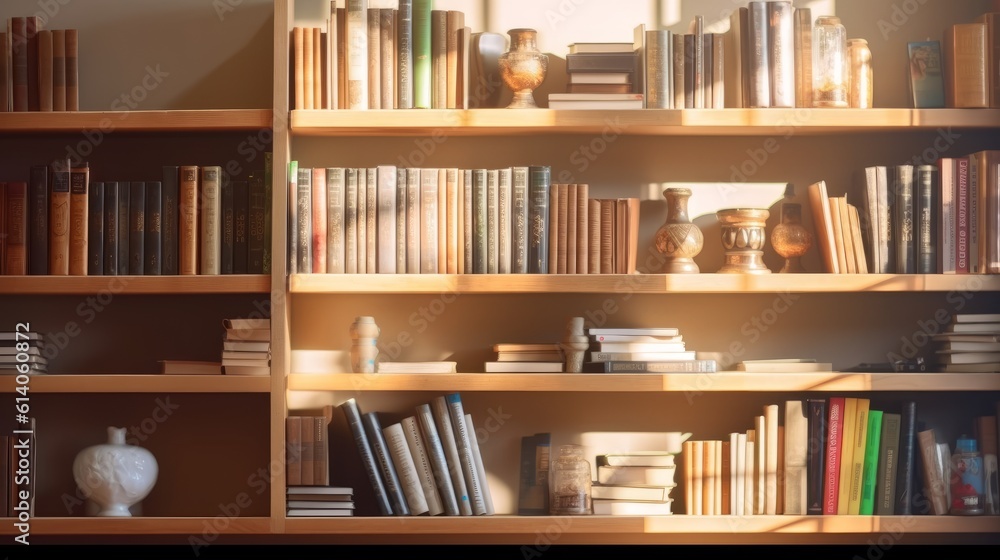 Fascinating background with books neatly arranged on wooden shelves. The warmth and charm of a cozy library. Generative AI Fascinating background with books neatly arranged on wooden shelves. The warmth and charm of a cozy library. Generative AI