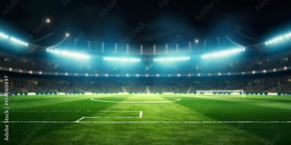 the stadium at night is highlighted by bright lights on green grass. Generative AI the stadium at night is highlighted by bright lights on green grass. Generative AI
