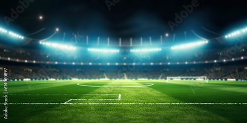 the stadium at night is highlighted by bright lights on green grass. Generative AI  © Kanchana