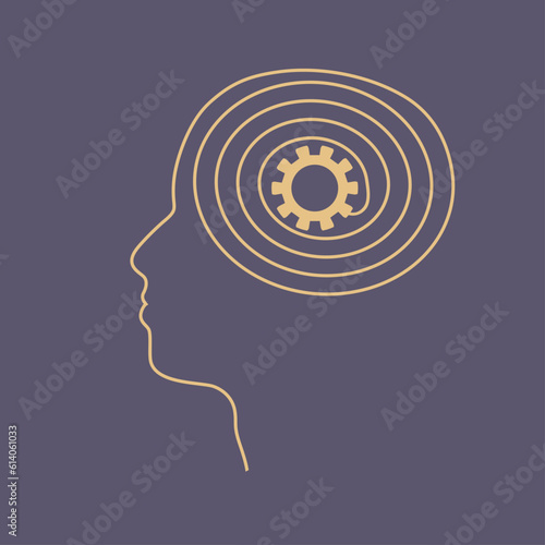 Personal growth and development. Business and education concept. Metaphor of problem solving, chaos and mess, difficult situation. Spiral way with gear in head as thoughts