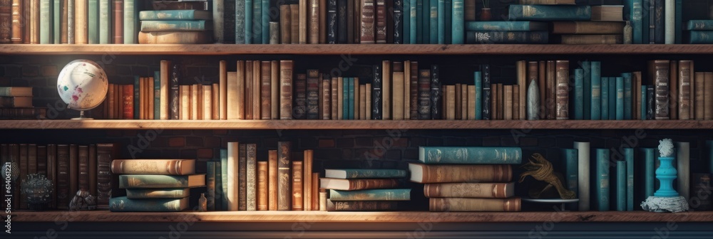 Fascinating background with books neatly arranged on wooden shelves. The warmth and charm of a cozy library. Generative AI Fascinating background with books neatly arranged on wooden shelves. The warmth and charm of a cozy library. Generative AI