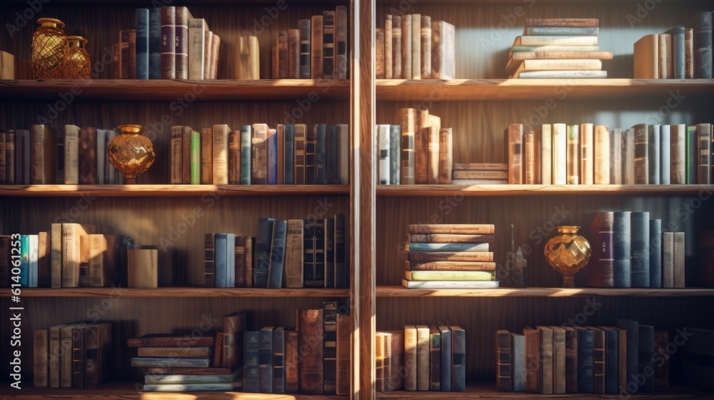 Fascinating background with books neatly arranged on wooden shelves. The warmth and charm of a cozy library. Generative AI Fascinating background with books neatly arranged on wooden shelves. The warmth and charm of a cozy library. Generative AI