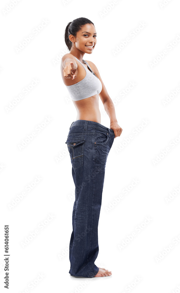 Φωτογραφία Portrait, woman and baggy jeans with hand pointing on isolated, transparent and png background