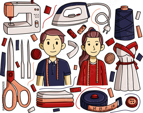 Doodle illustration designs with the theme of the tailor profession can be used for merchandise such as t-shirts, clothes, mugs, etc.