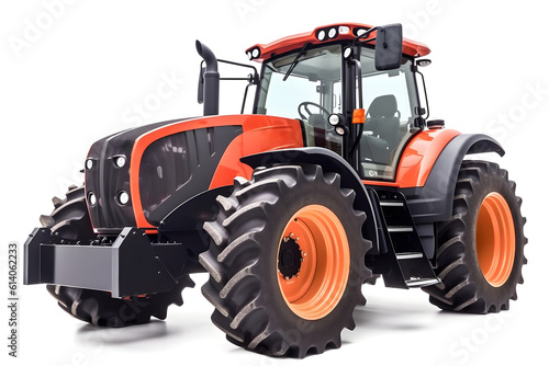 red and black colored contemporary argicultural tractor with orange wheel rims isolated on white background. Neural network generated in May 2023. Not based on any actual object, scene Generative AI photo