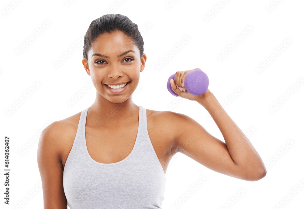 Portrait, smile and woman with dumbbell for fitness, workout and power on isolated, transparent and png background. Weights, face and female weightlifting at gym for exercise, training or cardio Portrait, smile and woman with dumbbell for fitness, workout and power on isolated, transparent and png background. Weights, face and female weightlifting at gym for exercise, training or cardio