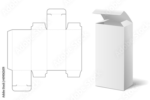 An empty mockup of box die cut paper carton packaging layout with blueprint. 3D dummy container mockup of tall vertical food, medical pack. Vector cardboard packaging template for branding. Mock-up.