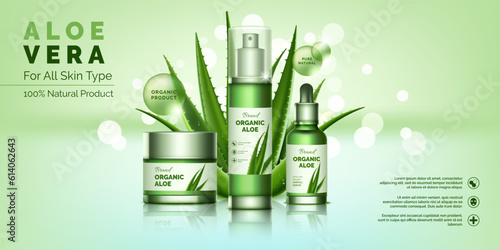 Cosmetic bottles. Ad poster design. Makeup and skincare natural products. Aloe vera gel. Moisturizing cream. Beauty container. Plant leaves extract. Vector advertising banner template