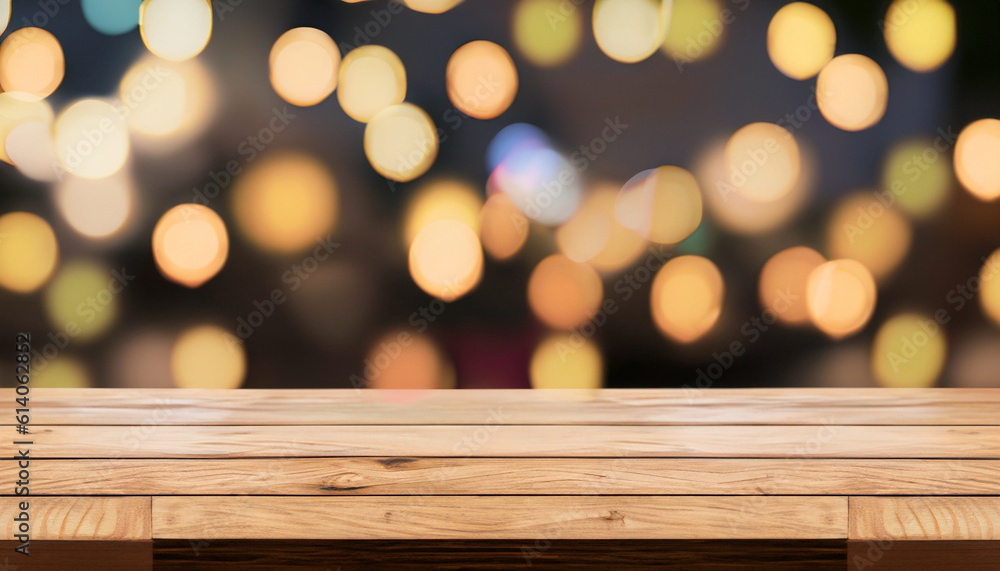 Empty wooden table with bokeh lights on blurred background for product presentation