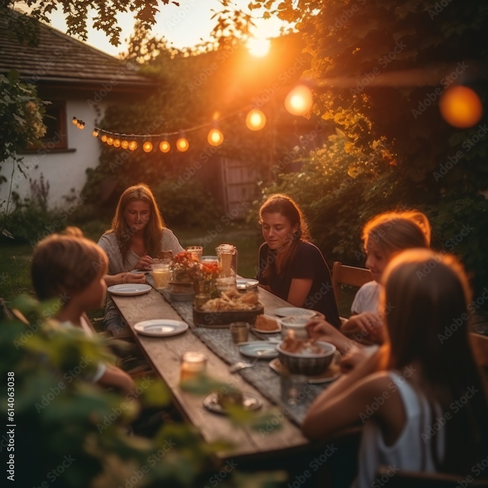 Happy family having dinner in backyard at sunset - people food and drink lifestyle concept. Generative ai