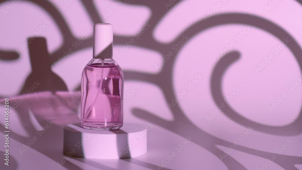 Pink glass cosmetics bottle on circle product podium with abstract shadow motion Pink glass cosmetics bottle on circle product podium with abstract shadow motion