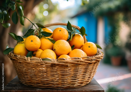 Basket of oranges in the orange garden.