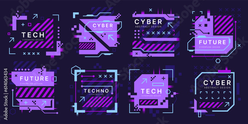 Tech background. Abstract digital shapes. HUD purple silhouette elements. Future glitch graphic. Cyber dashboard text boxes. Cyberpunk square frames. Vector design flat banners set