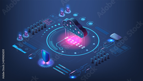Digital data cloud. Technology center. Files storage. Virtual server. 3d application platform. Isometric network infrastructure. Database connection. Vector computer system concept