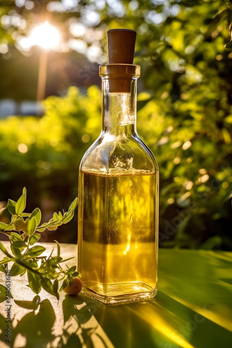 Olive oil in the olive in a sunny garden