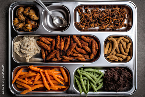 Overhead shot school lunch tray of cooked insects and bugs school food © PaulShlykov