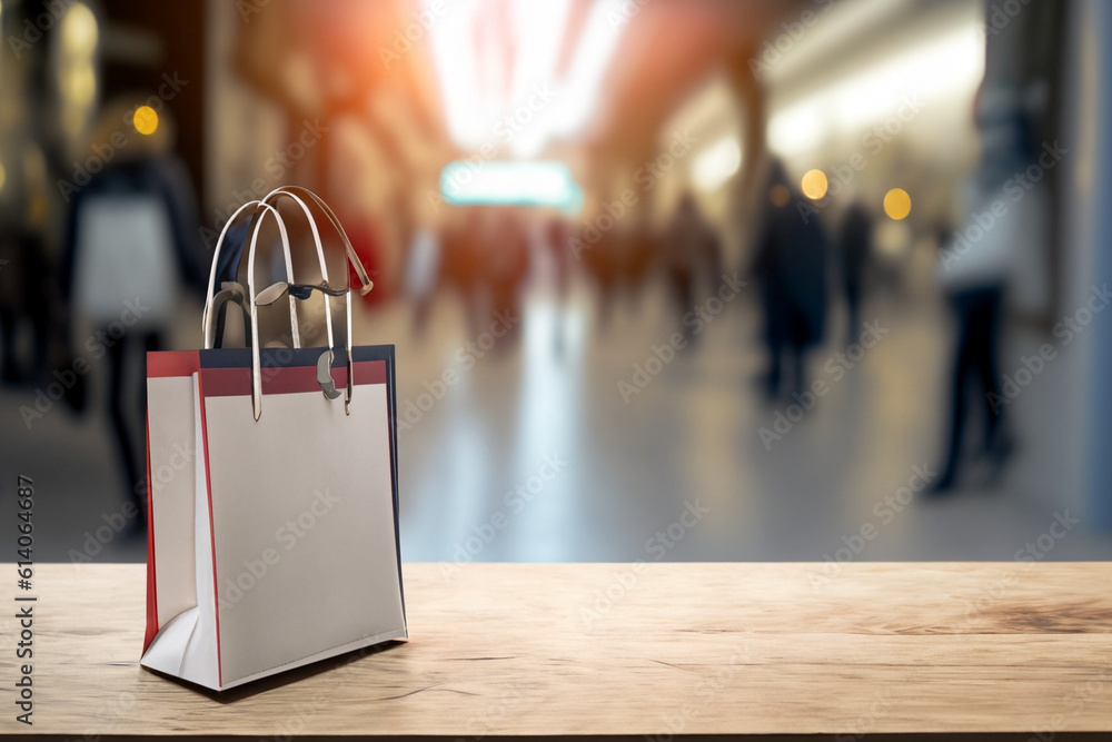 Naklejka premium free space for your decoration, brown, white, pink shopping bags on wooden desk, wallpaper.png, Ai Generate 