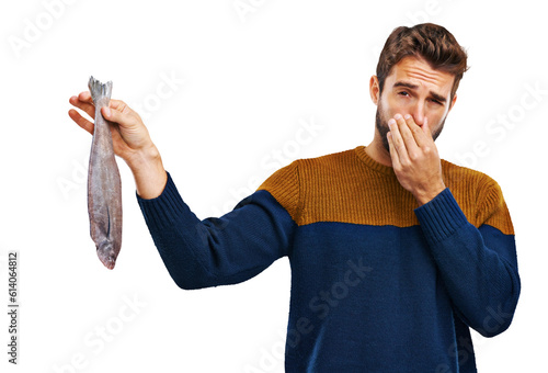 Fish smell, bad and man portrait holding nose isolated on transparent, png background. Dead seafood, funny gesture and male person with comedy and prank feeling disgust from smelly food with humor photo