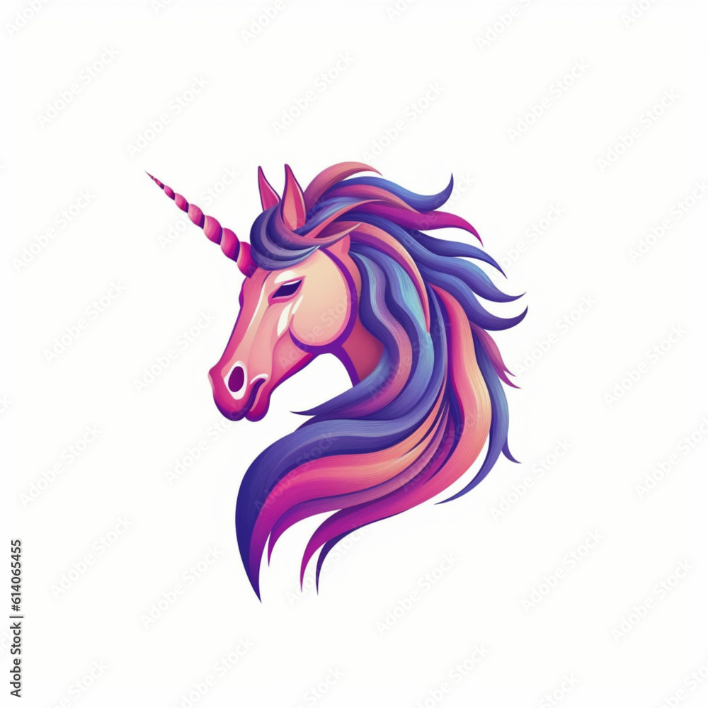 Illustration, Generative AI, Unicorn icon, logo in pink and violet tones on a white background.