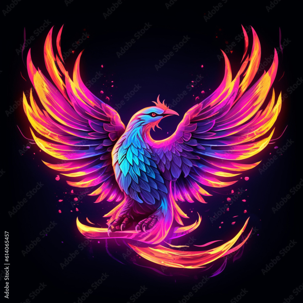 Illustration, Generative AI, Phoenix bird, abstract portrait of a bird, neon icon on a dark background. Illustration, Generative AI, Phoenix bird, abstract portrait of a bird, neon icon on a dark background.