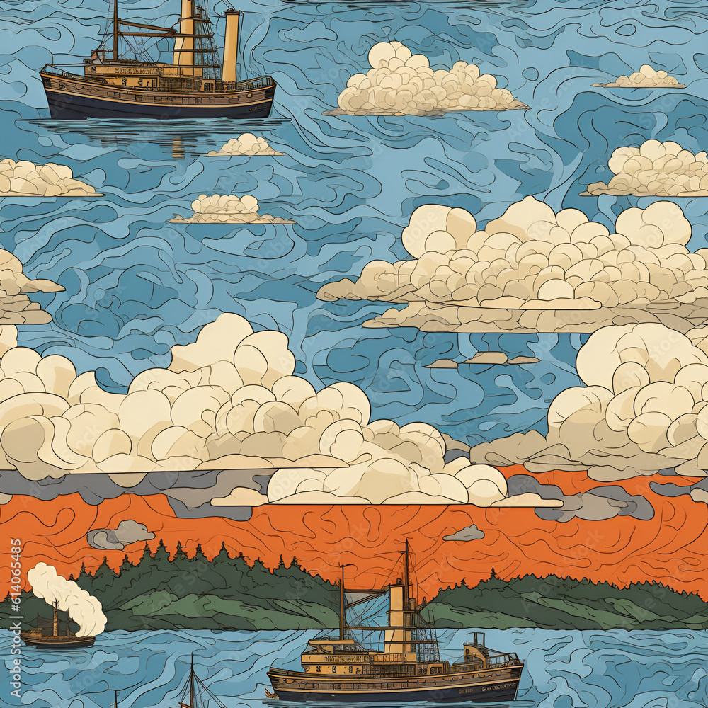 pattern with ship make an Ivan Bilibin painting of freighter ships on ...